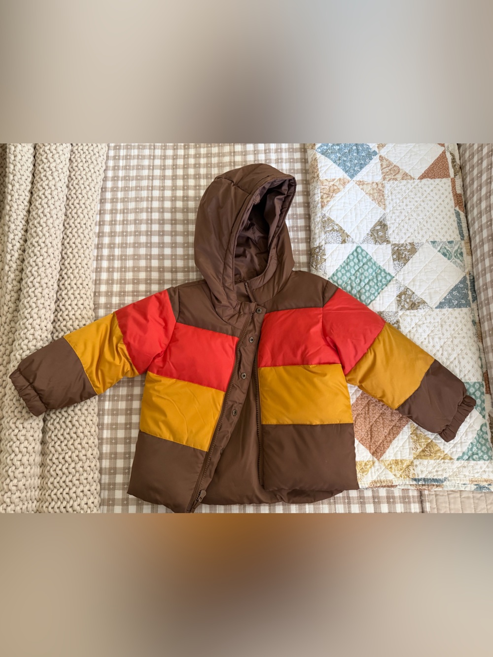 GAP Kids Colorblock Hooded Puffer Jacket - Brown, Red, Yellow
